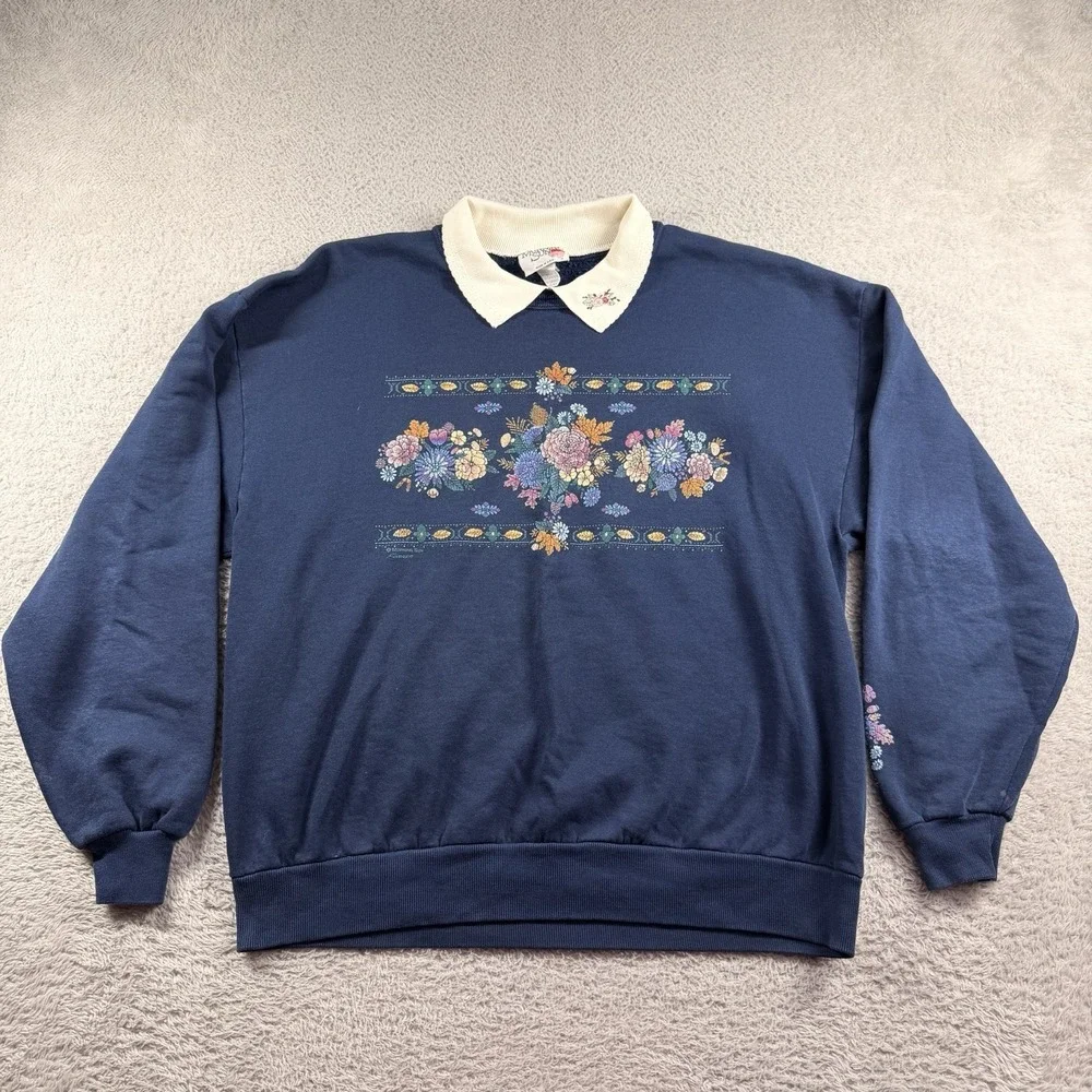 VINTAGE Grannycore Collared Crewneck Sweater XL Blue Embroidered Floral USA